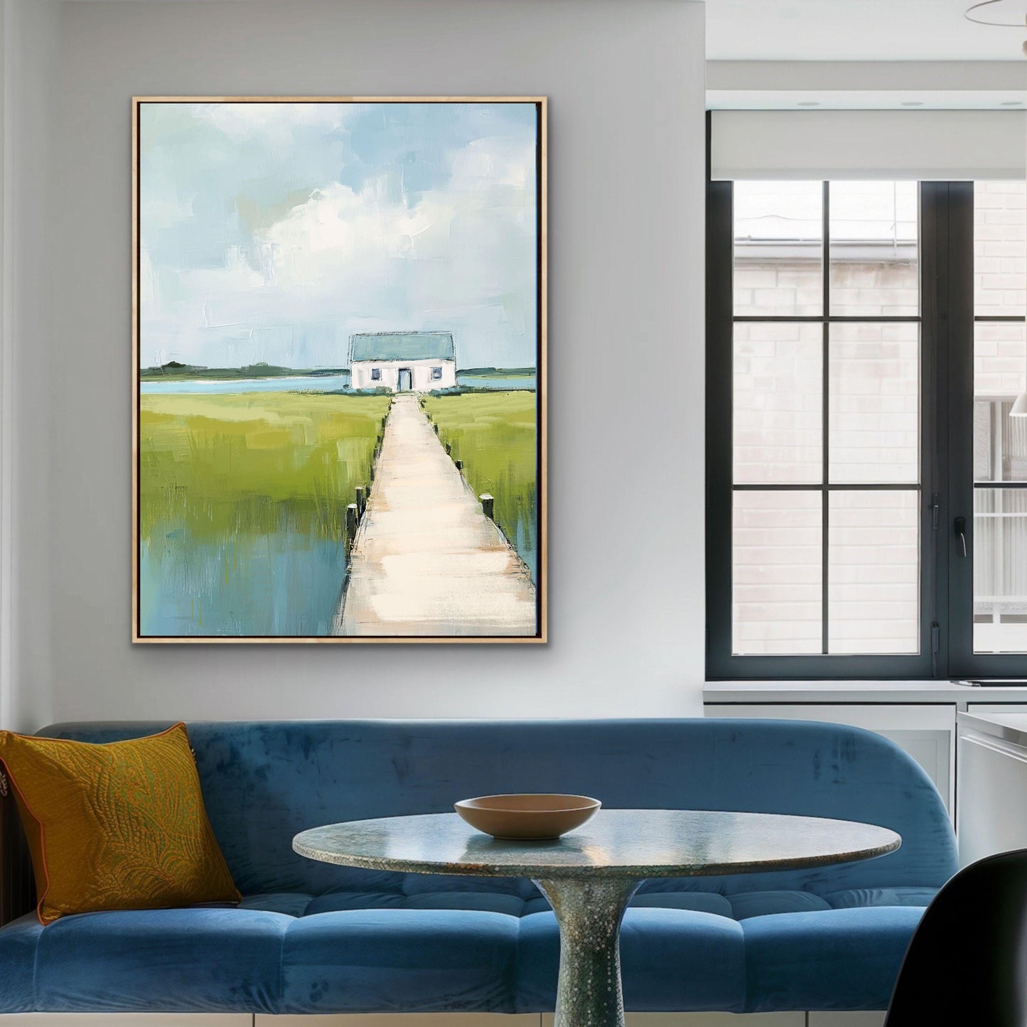 Coastal Home Art Print, Marshland Painting in Soft Blue and Green Tones, Modern Beachouse Decor, Large Vertical Artwork