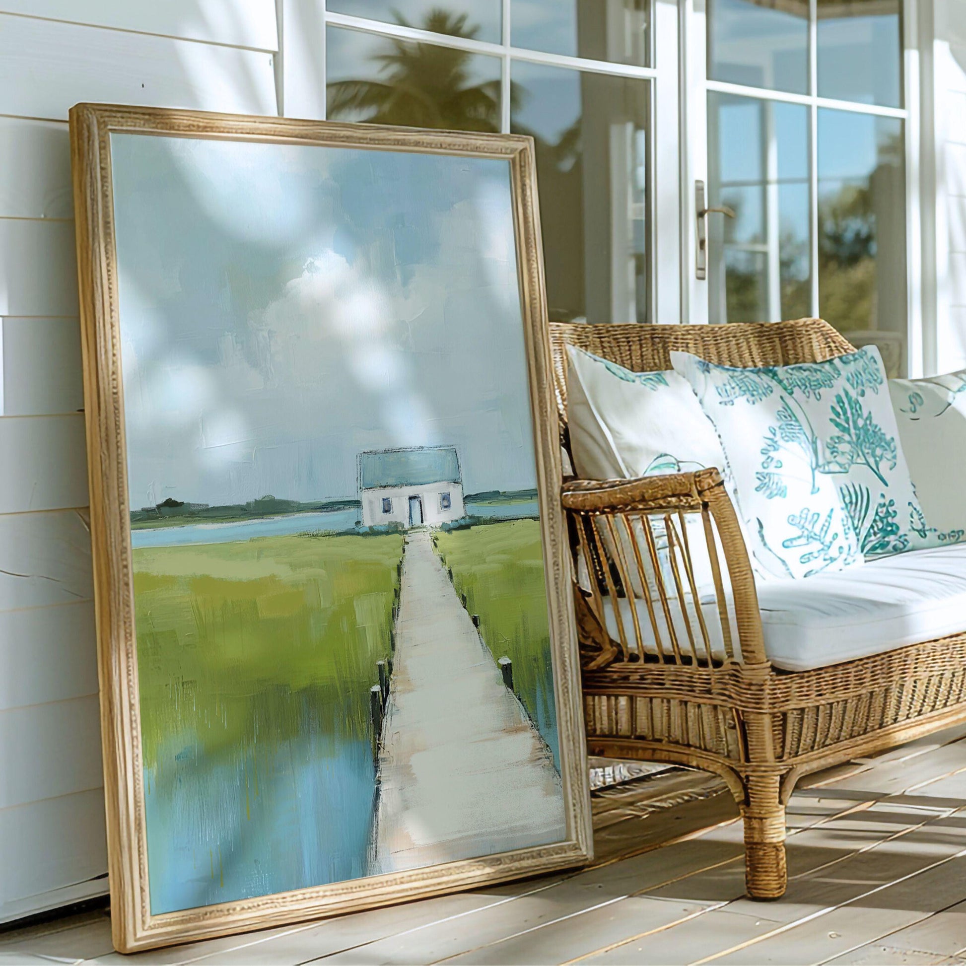 Coastal Home Art Print, Marshland Painting in Soft Blue and Green Tones, Modern Beachouse Decor, Large Vertical Artwork