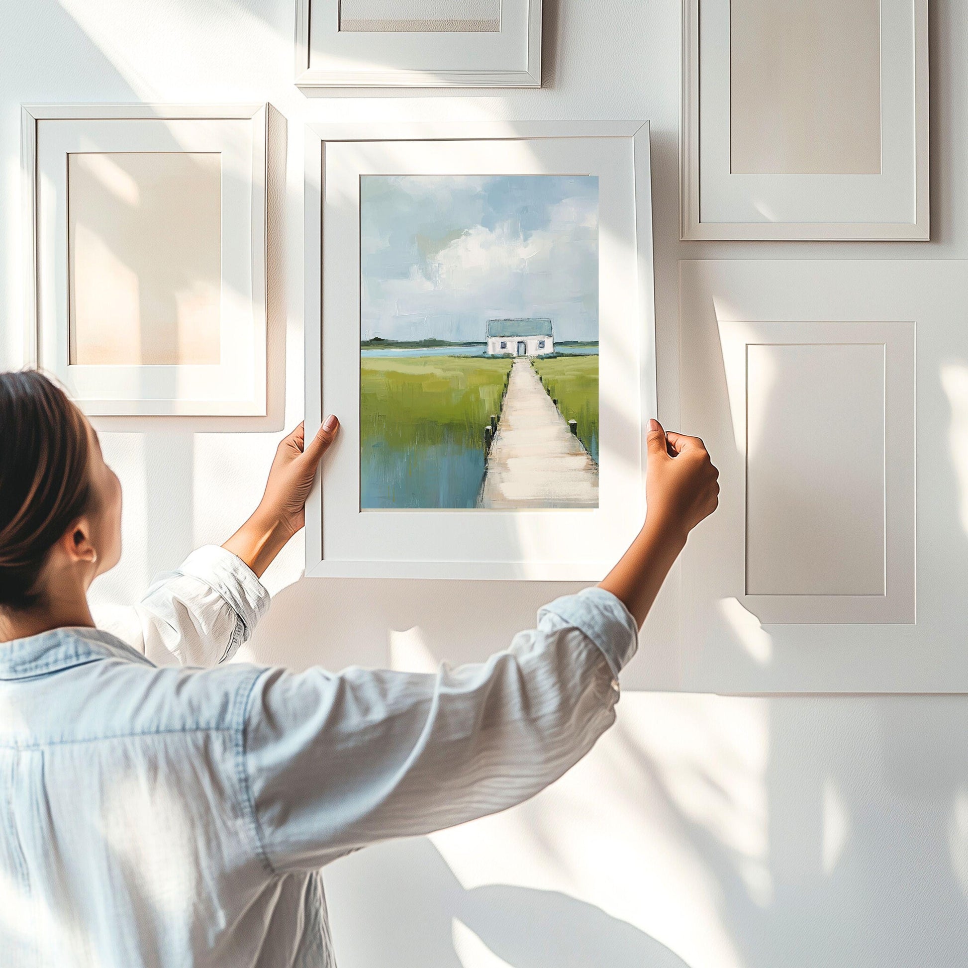 Coastal Home Art Print, Marshland Painting in Soft Blue and Green Tones, Modern Beachouse Decor, Large Vertical Artwork