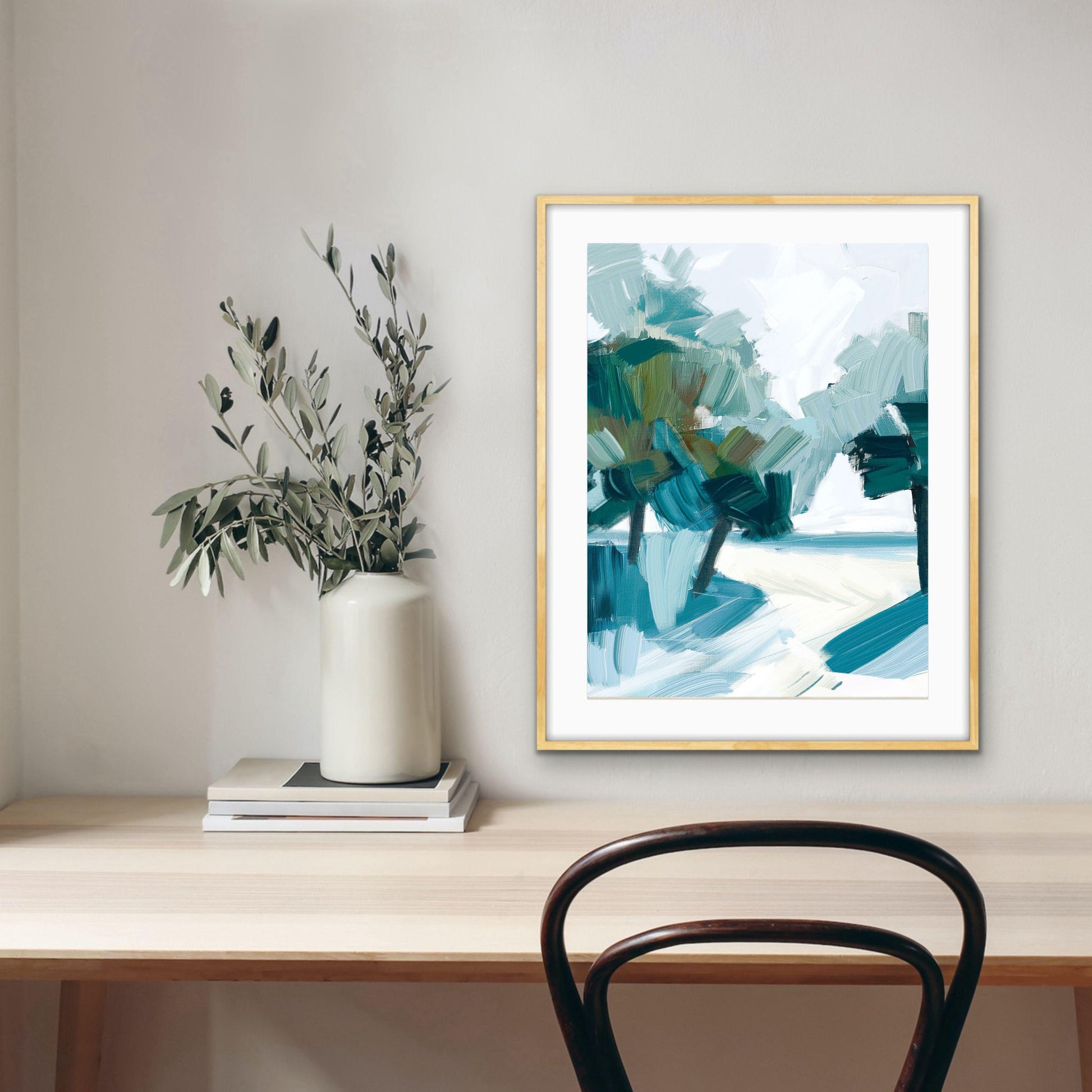 Coastal Palm Tree Abstract Wall Art Print, Modern Beach House Decor, Large Minimalist Seascape Artwork, Palm Shadows 1