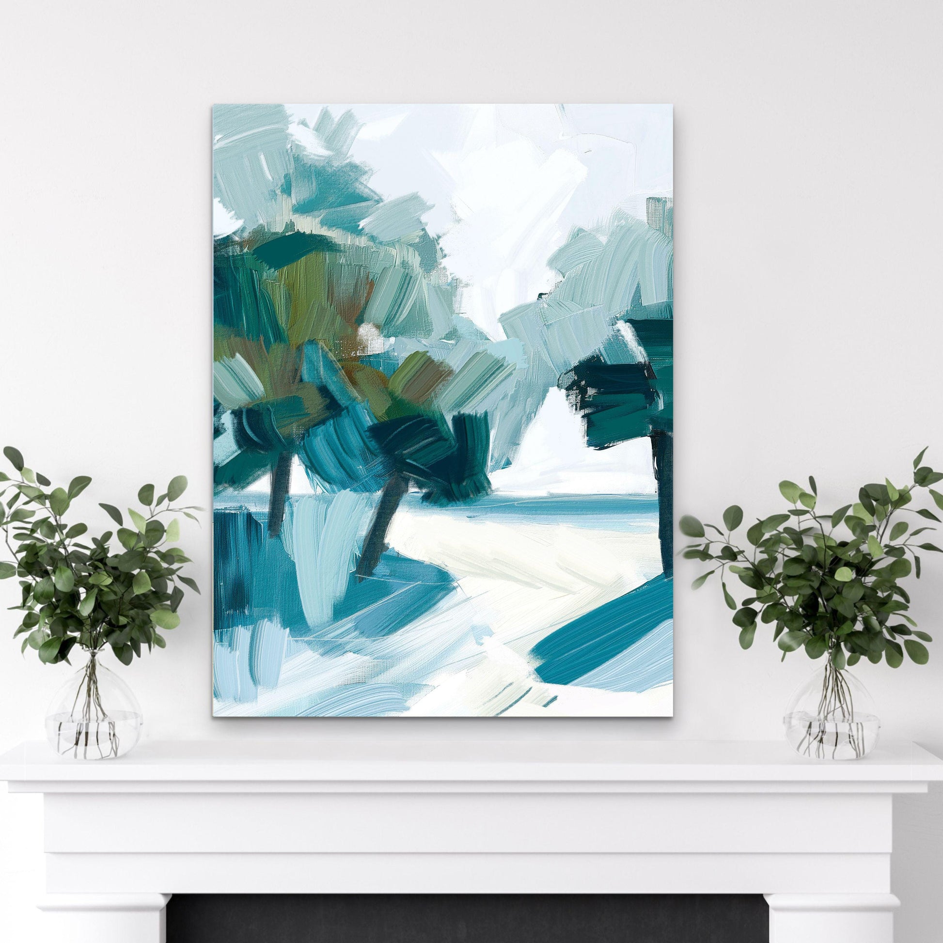 Coastal Palm Tree Abstract Wall Art Print, Modern Beach House Decor, Large Minimalist Seascape Artwork, Palm Shadows 1