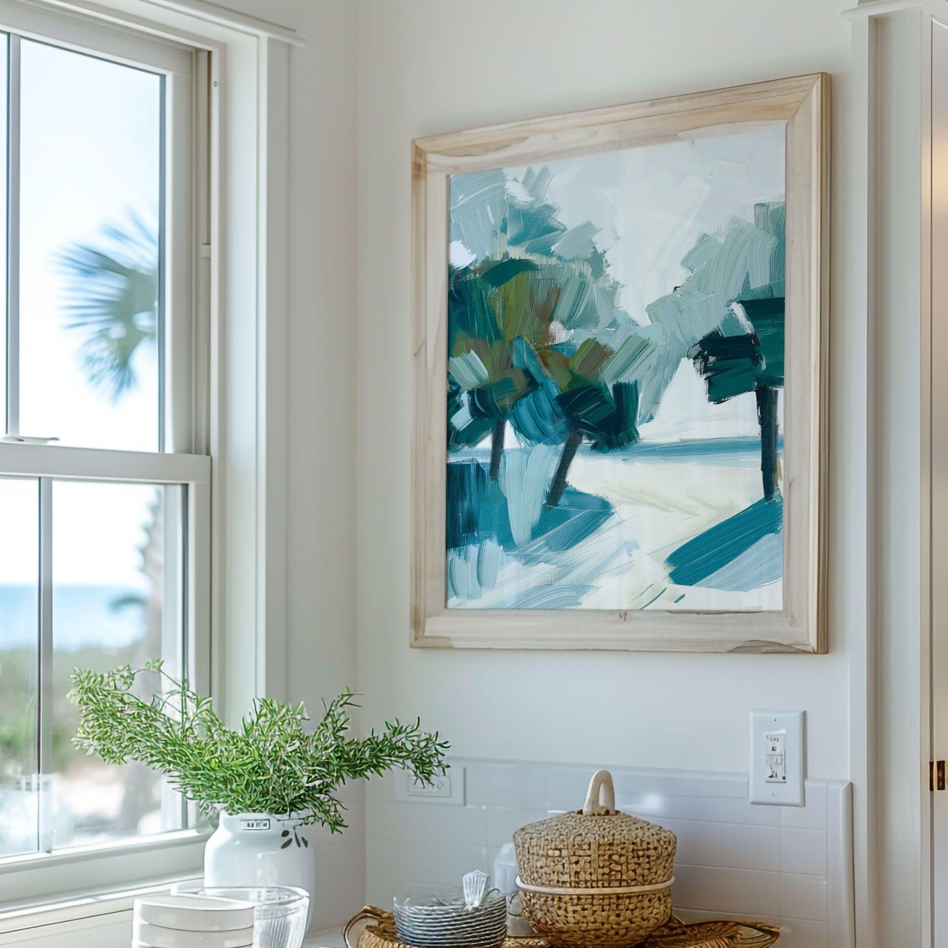 Coastal Palm Tree Abstract Wall Art Print, Modern Beach House Decor, Large Minimalist Seascape Artwork, Palm Shadows 1