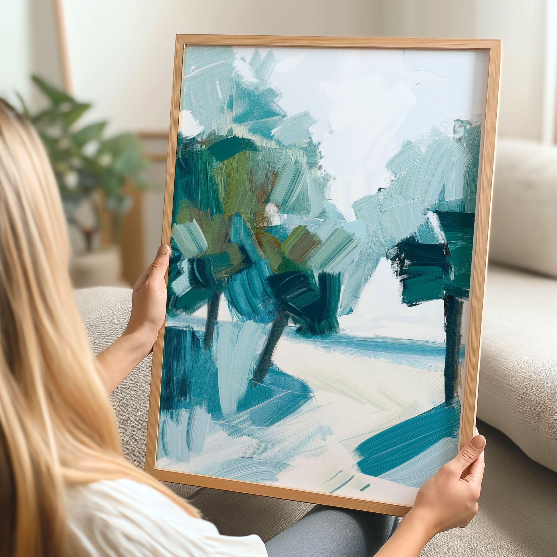 Coastal Palm Tree Abstract Wall Art Print, Modern Beach House Decor, Large Minimalist Seascape Artwork, Palm Shadows 1