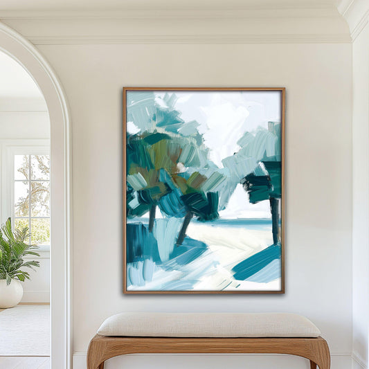 Coastal Palm Tree Abstract Wall Art Print, Modern Beach House Decor, Large Minimalist Seascape Artwork, Palm Shadows 1