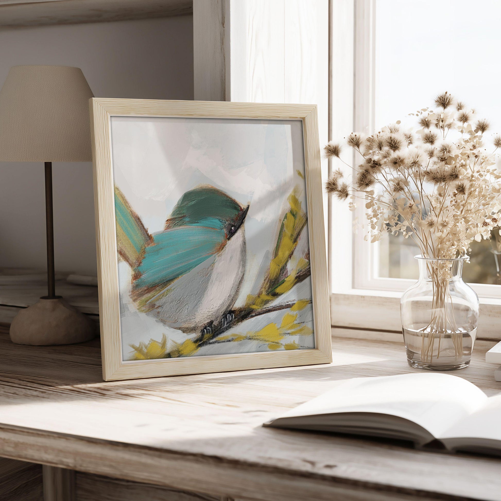 Blue Songbird Art Print, Cottage Wall Decor, Soft Pastel Bird Painting, Coastal Nature Artwork, Blue Wren 4
