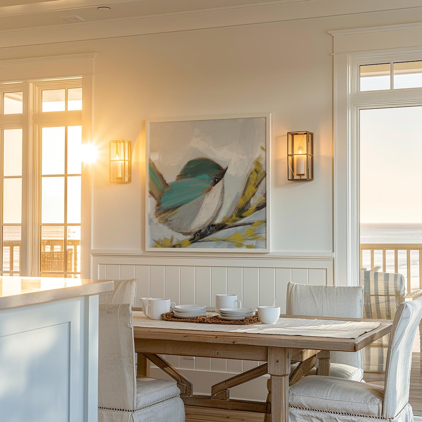 Blue Songbird Art Print, Cottage Wall Decor, Soft Pastel Bird Painting, Coastal Nature Artwork, Blue Wren 4