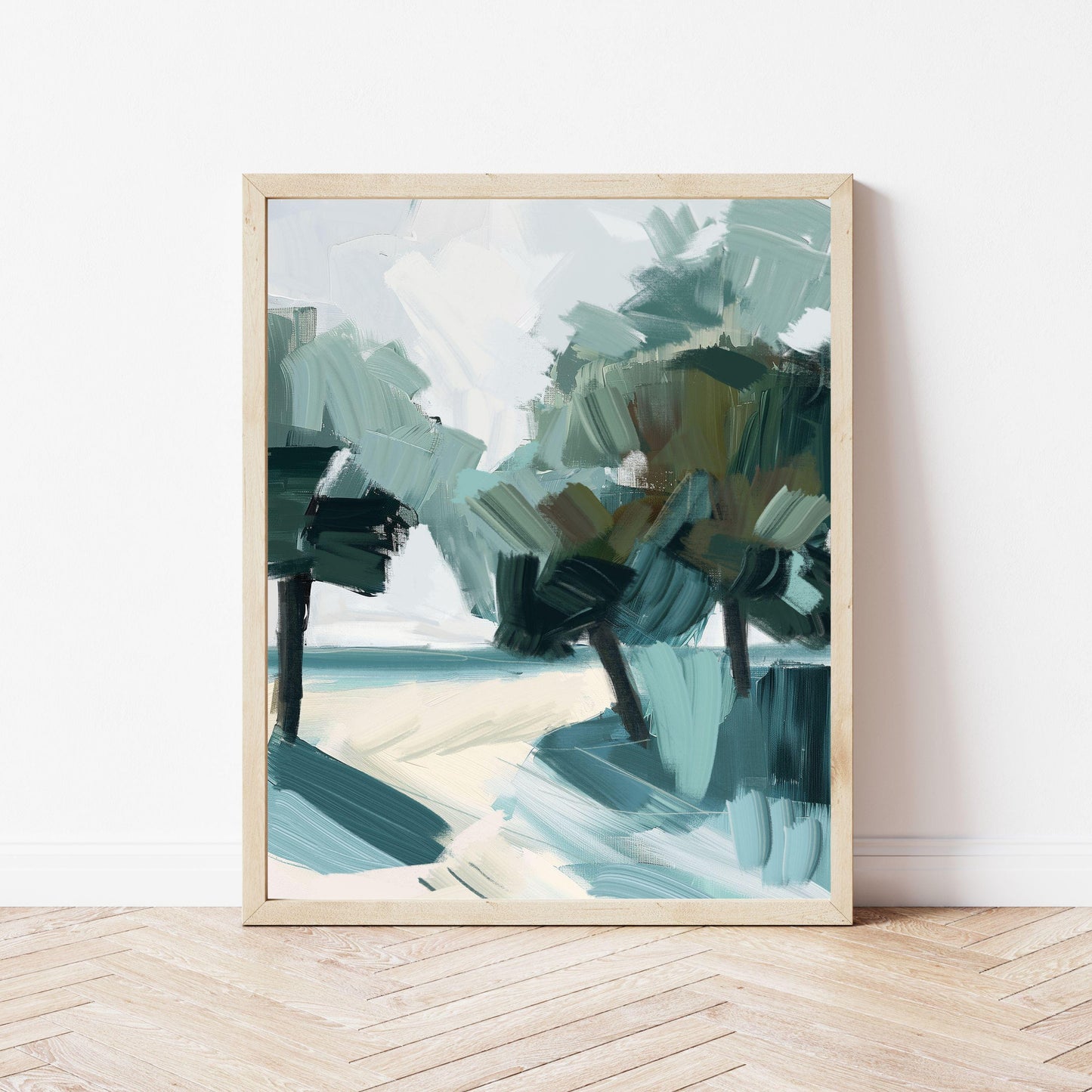 Abstract Seascape Wall Art Print, Modern Beach House Decor, Coastal Palm Tree Painting, Palm Shadows 2
