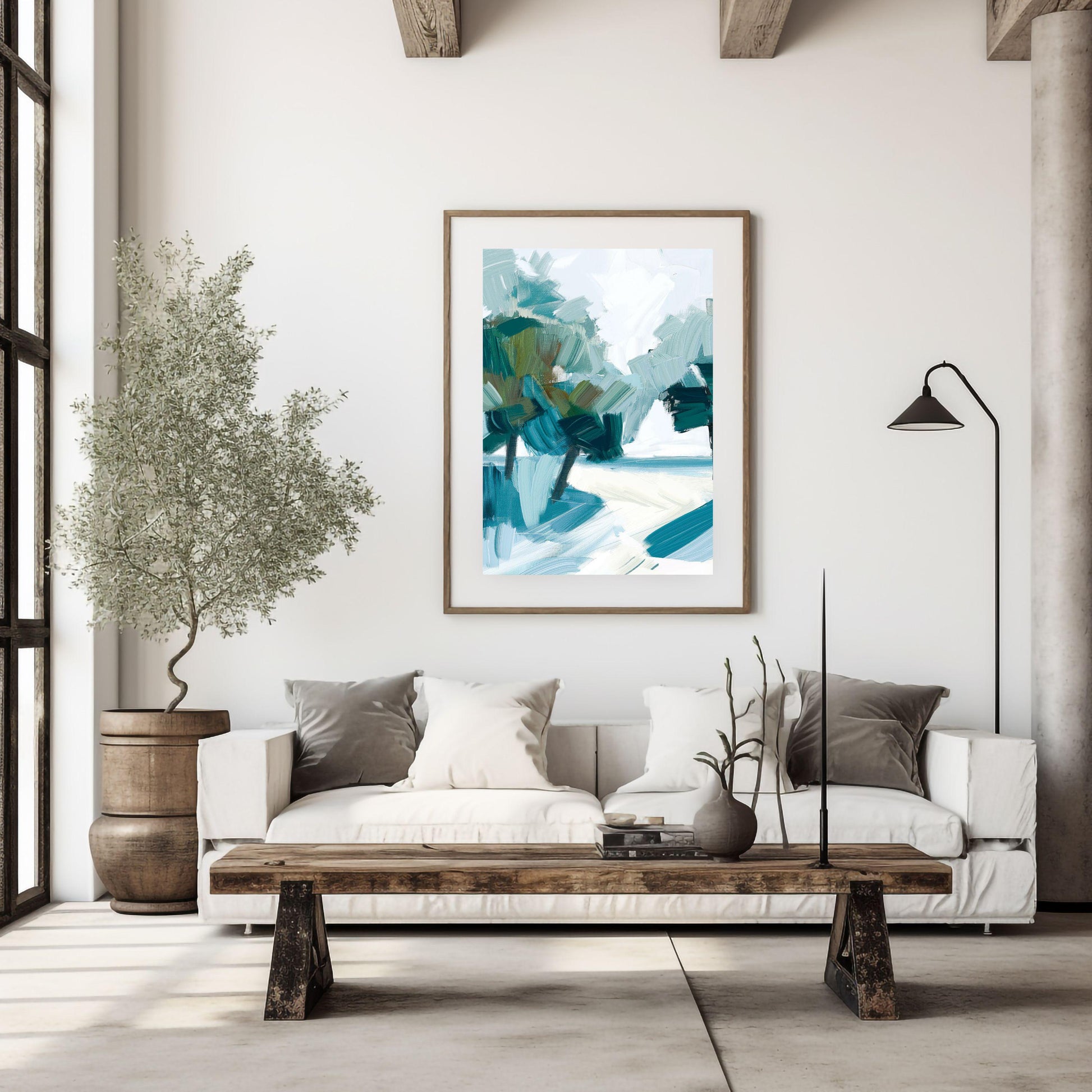 Coastal Palm Tree Abstract Wall Art Print, Modern Beach House Decor, Large Minimalist Seascape Artwork, Palm Shadows 1