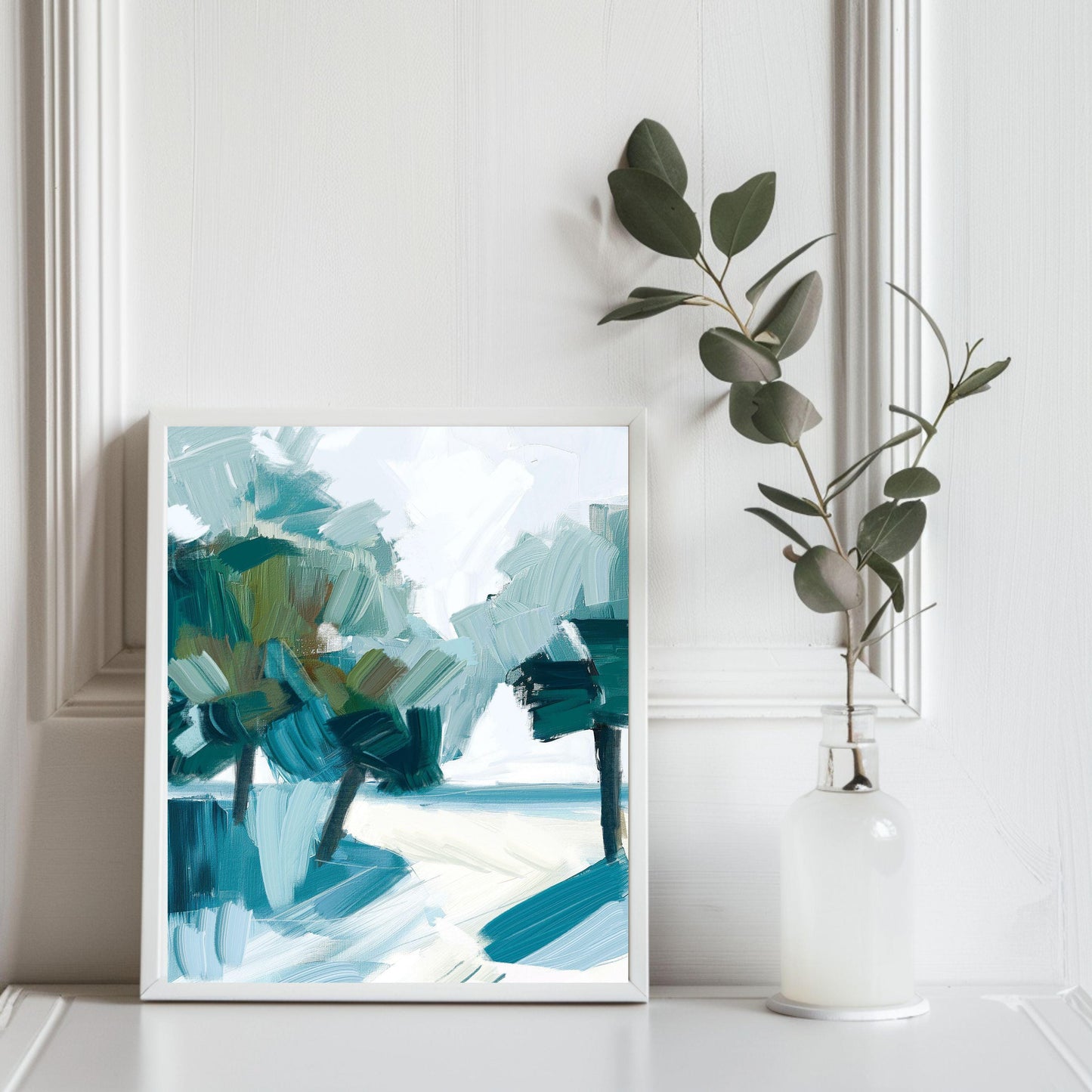 Coastal Palm Tree Abstract Wall Art Print, Modern Beach House Decor, Large Minimalist Seascape Artwork, Palm Shadows 1