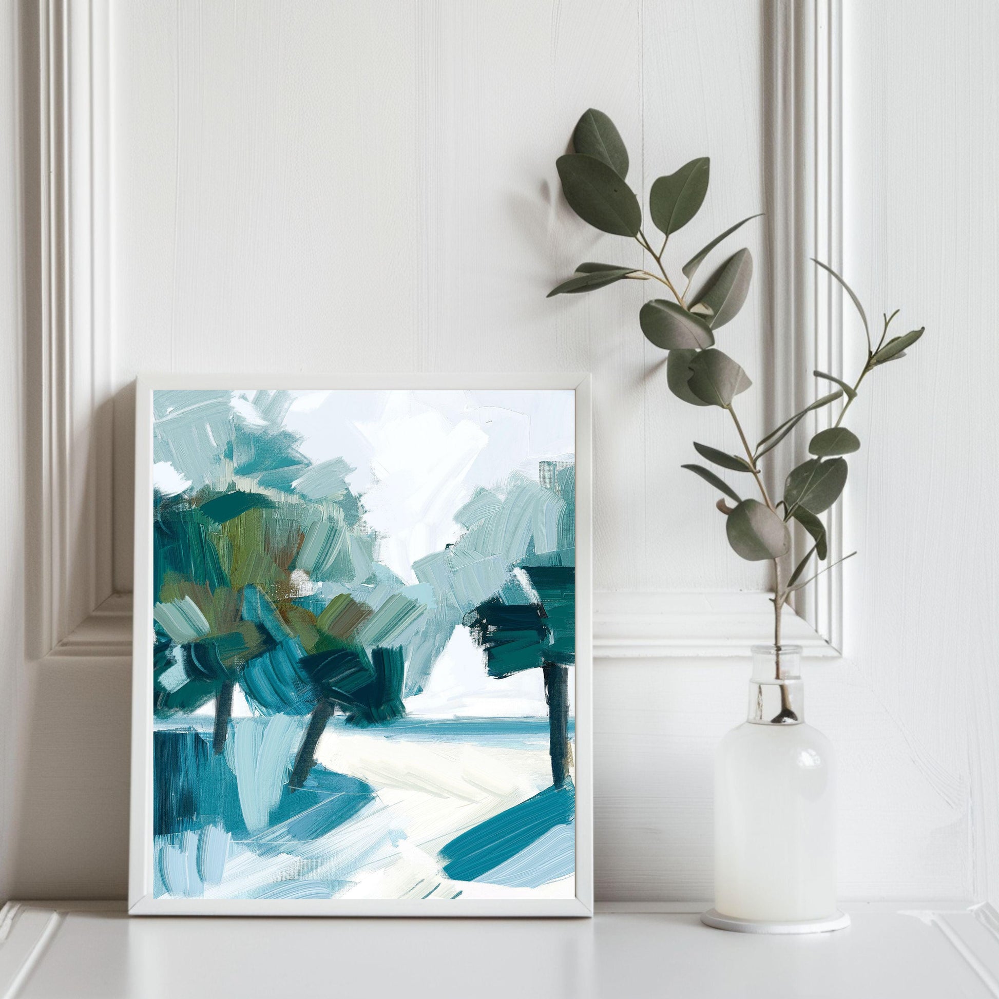 Coastal Palm Tree Abstract Wall Art Print, Modern Beach House Decor, Large Minimalist Seascape Artwork, Palm Shadows 1