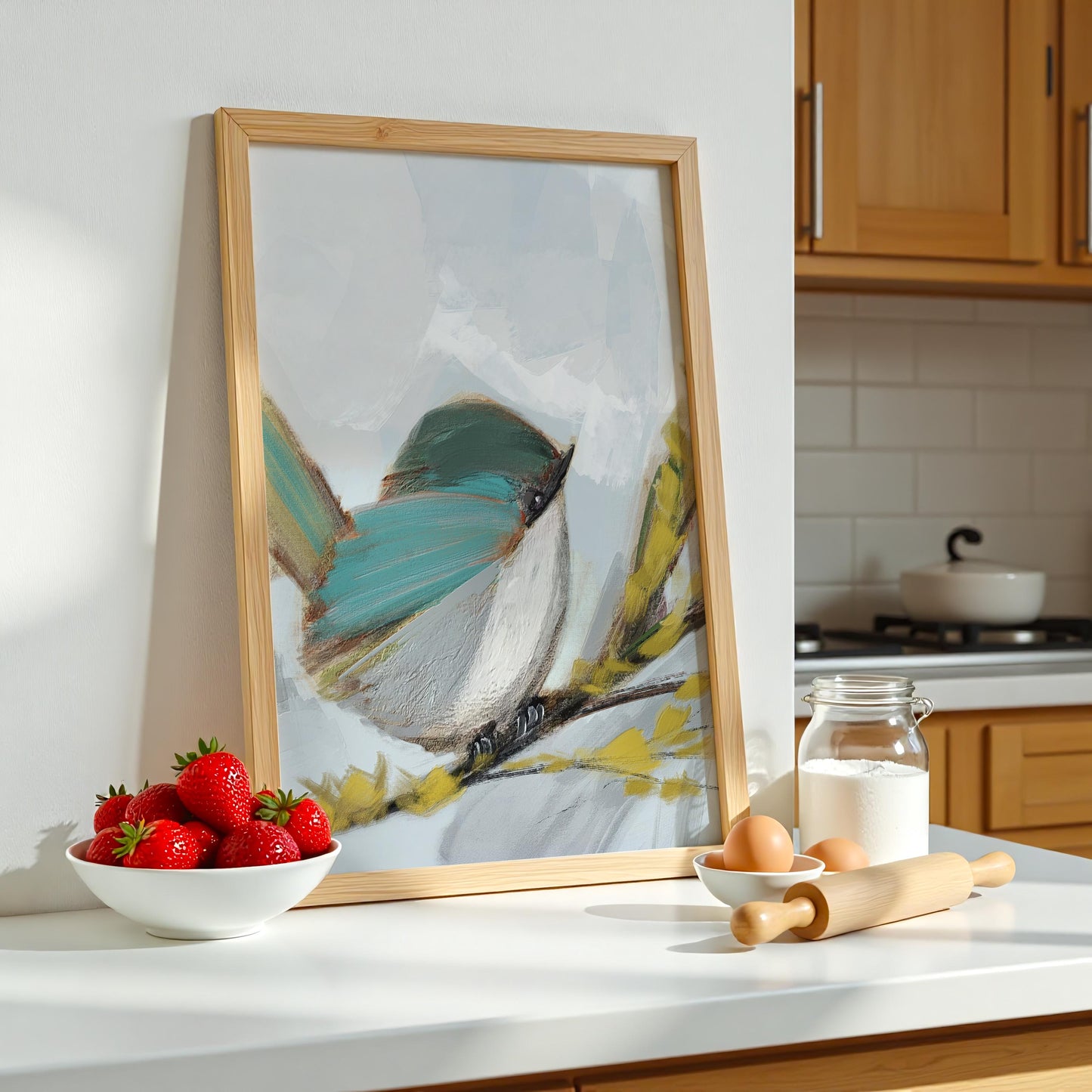 Blue Songbird Art Print, Cottage Wall Decor, Soft Pastel Bird Painting, Coastal Nature Artwork, Blue Wren 4