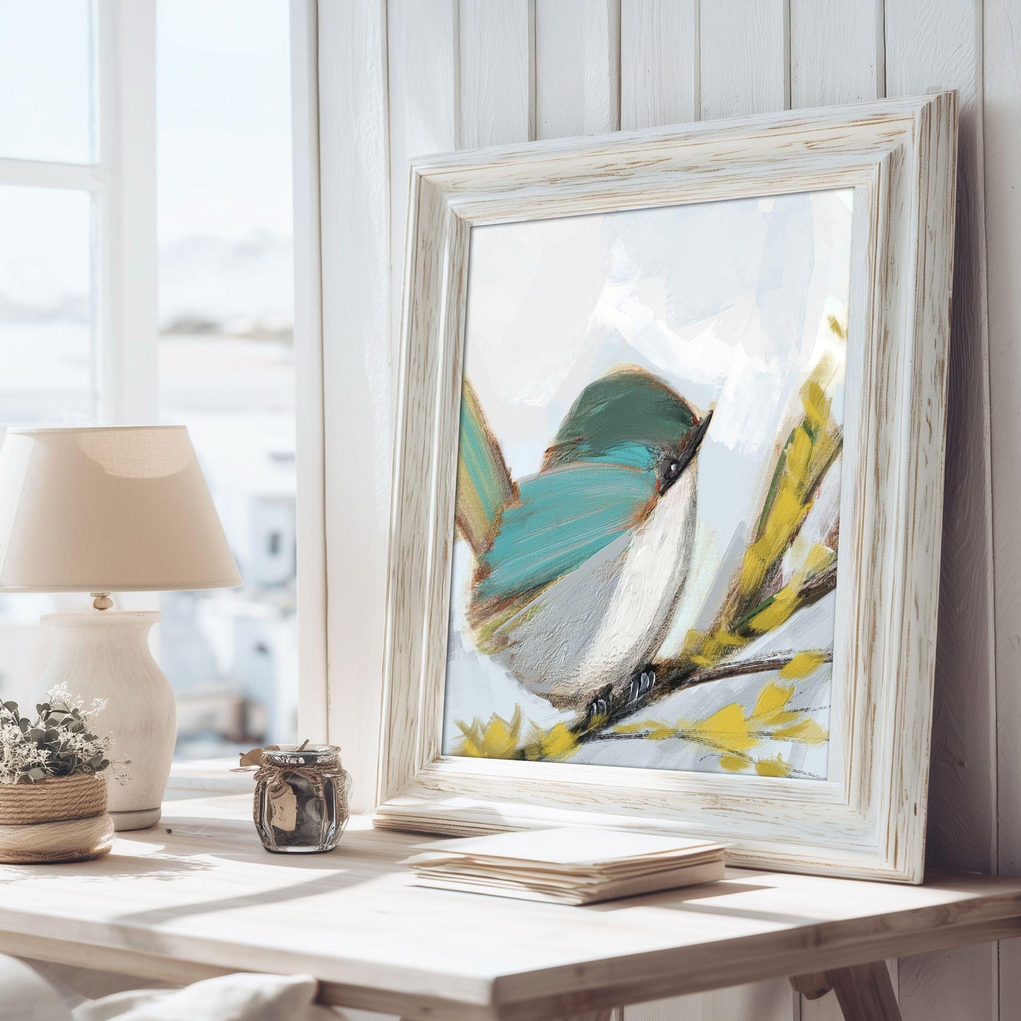 Blue Songbird Art Print, Cottage Wall Decor, Soft Pastel Bird Painting, Coastal Nature Artwork, Blue Wren 4