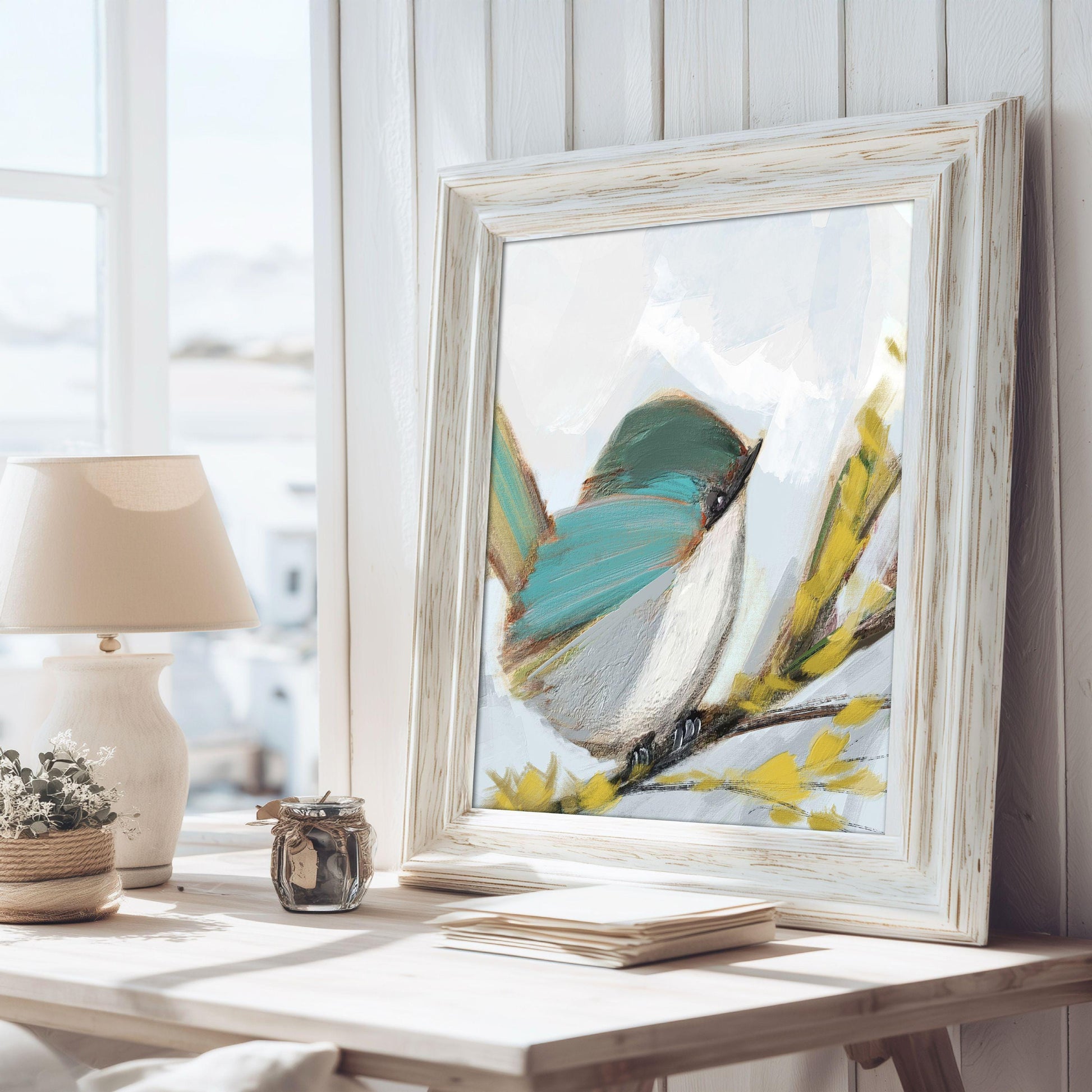 Blue Songbird Art Print, Cottage Wall Decor, Soft Pastel Bird Painting, Coastal Nature Artwork, Blue Wren 4