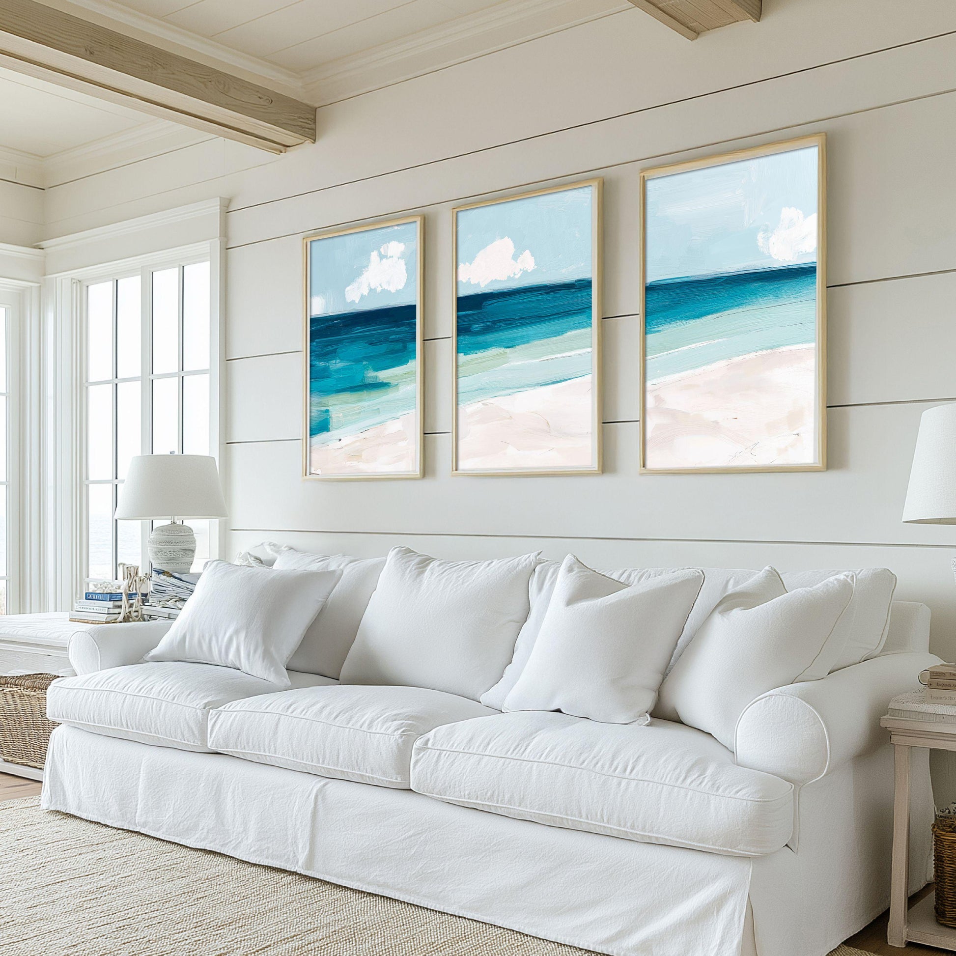 Coastal Triptych Wall Art, Abstract Ocean Seascapes Set of 3, Teal Blue Beach prints, Modern Beach House Decor, Between Tides