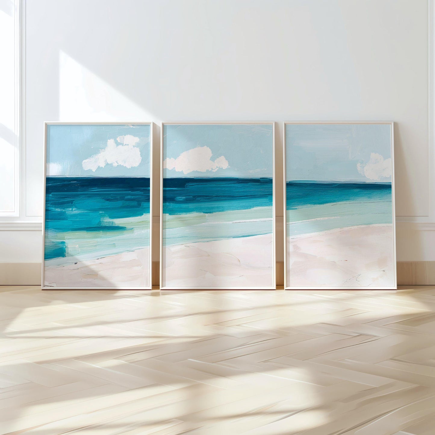 Coastal Triptych Wall Art, Abstract Ocean Seascapes Set of 3, Teal Blue Beach prints, Modern Beach House Decor, Between Tides