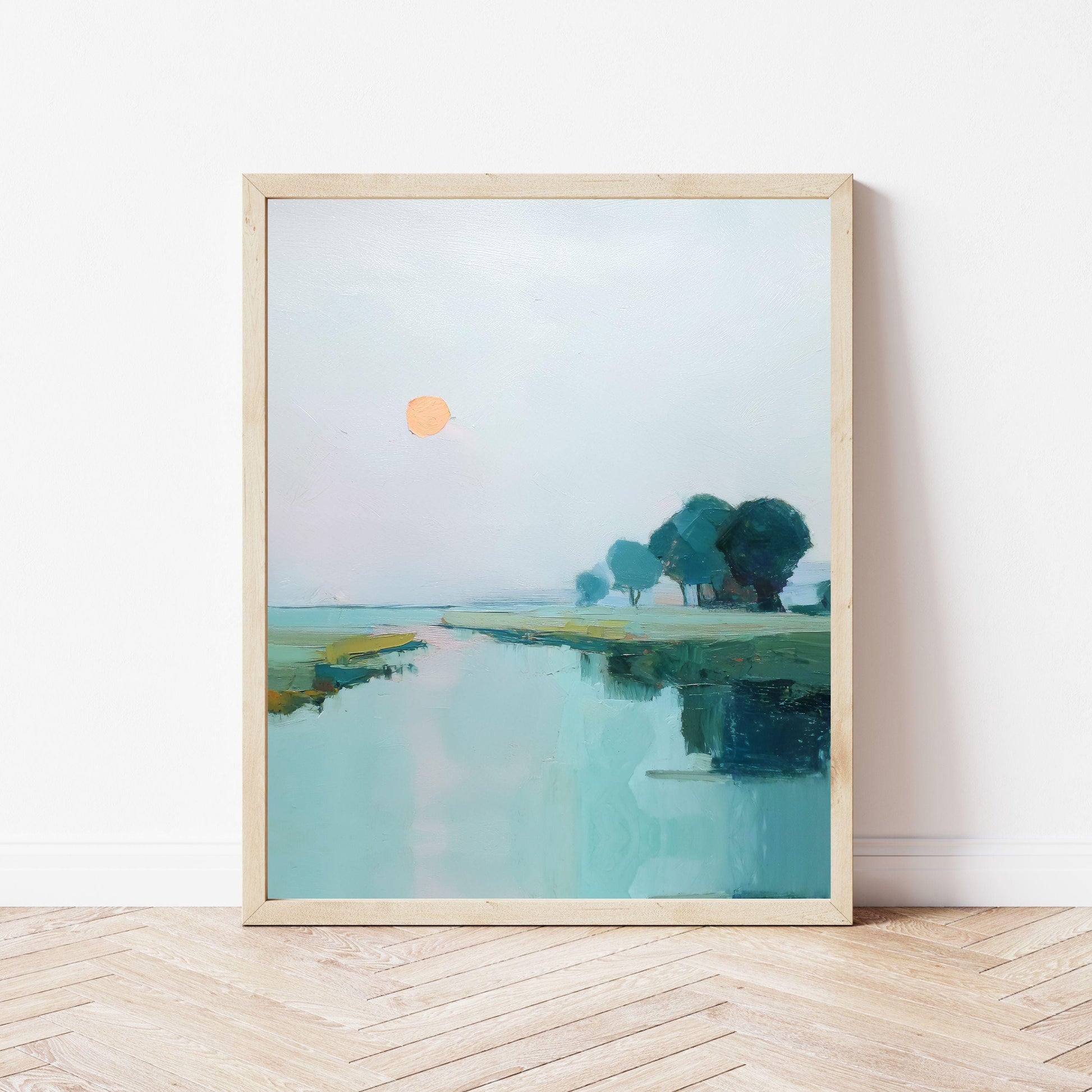 Coastal Sunset Wall Art, Minimal Teal Landscape Print, Calm Water Reflection, Modern Lakehouse Decor, The Stillness No. 1 Vertical Artwork