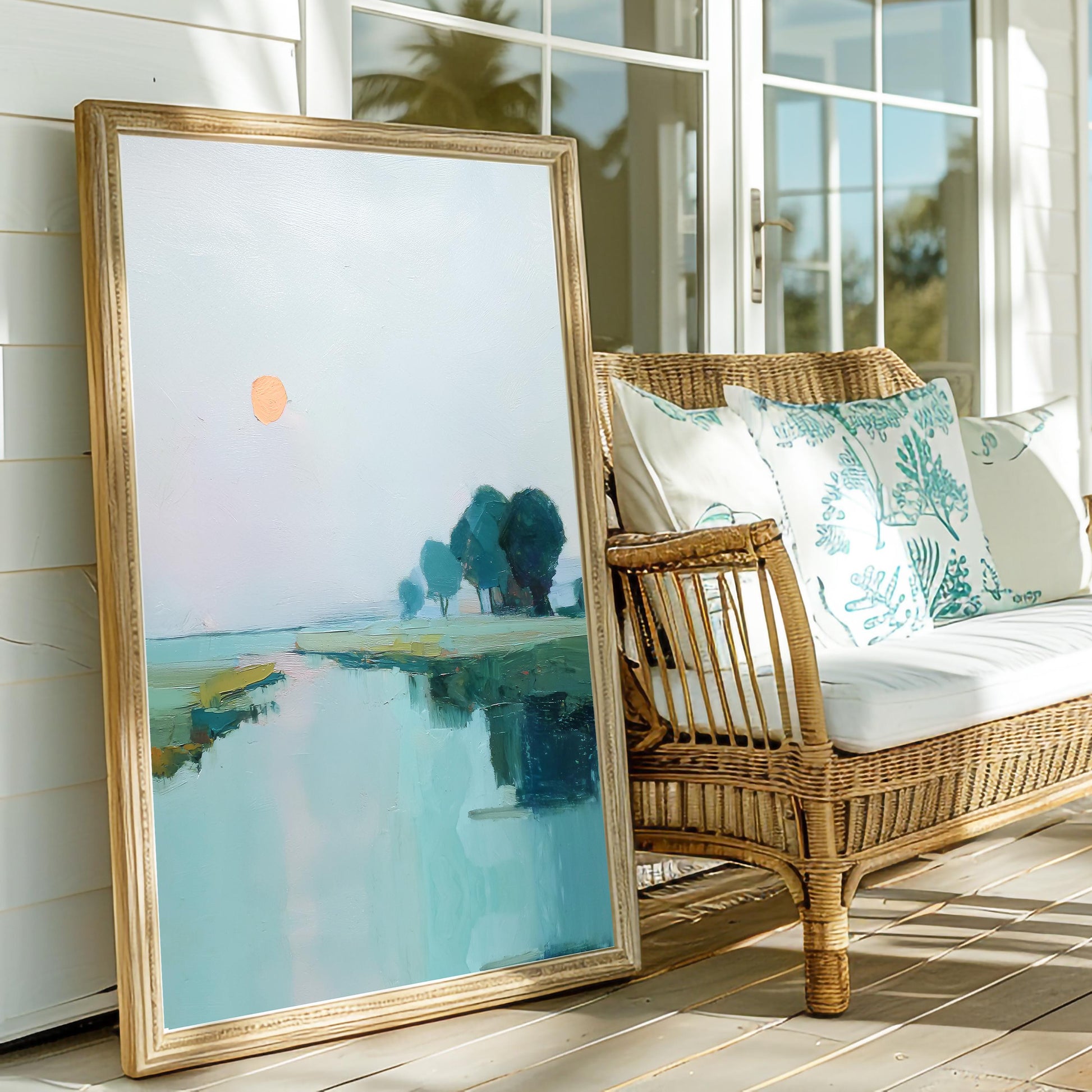 Coastal Sunset Wall Art, Minimal Teal Landscape Print, Calm Water Reflection, Modern Lakehouse Decor, The Stillness No. 1 Vertical Artwork