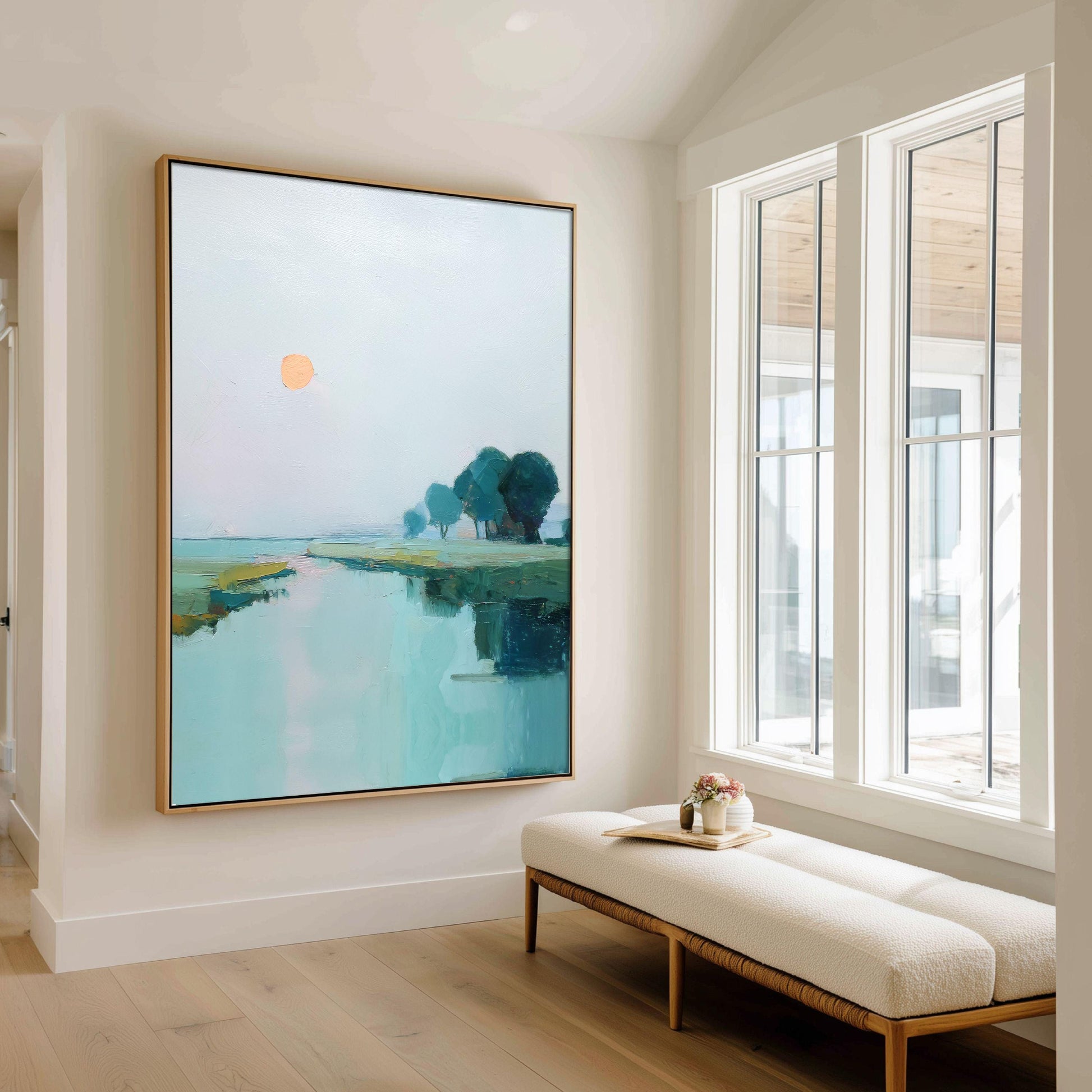 Coastal Sunset Wall Art, Minimal Teal Landscape Print, Calm Water Reflection, Modern Lakehouse Decor, The Stillness No. 1 Vertical Artwork