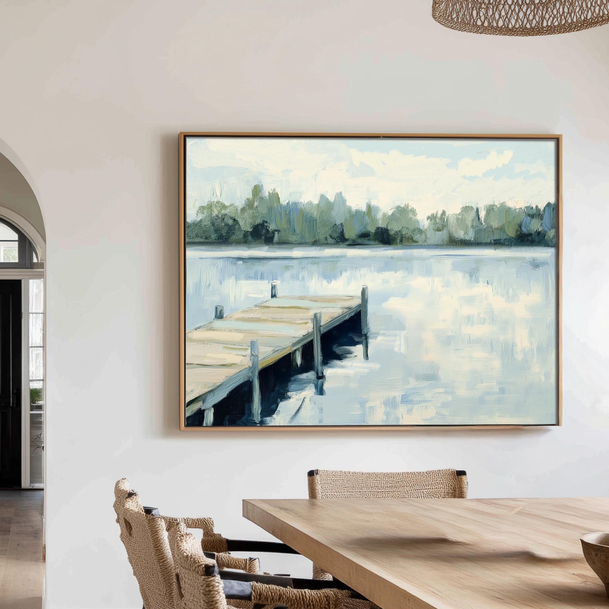 Dock on the Lake Wall Art Print, Impressionistic Landscape Painting, Serene Lake House Decor, Dockside