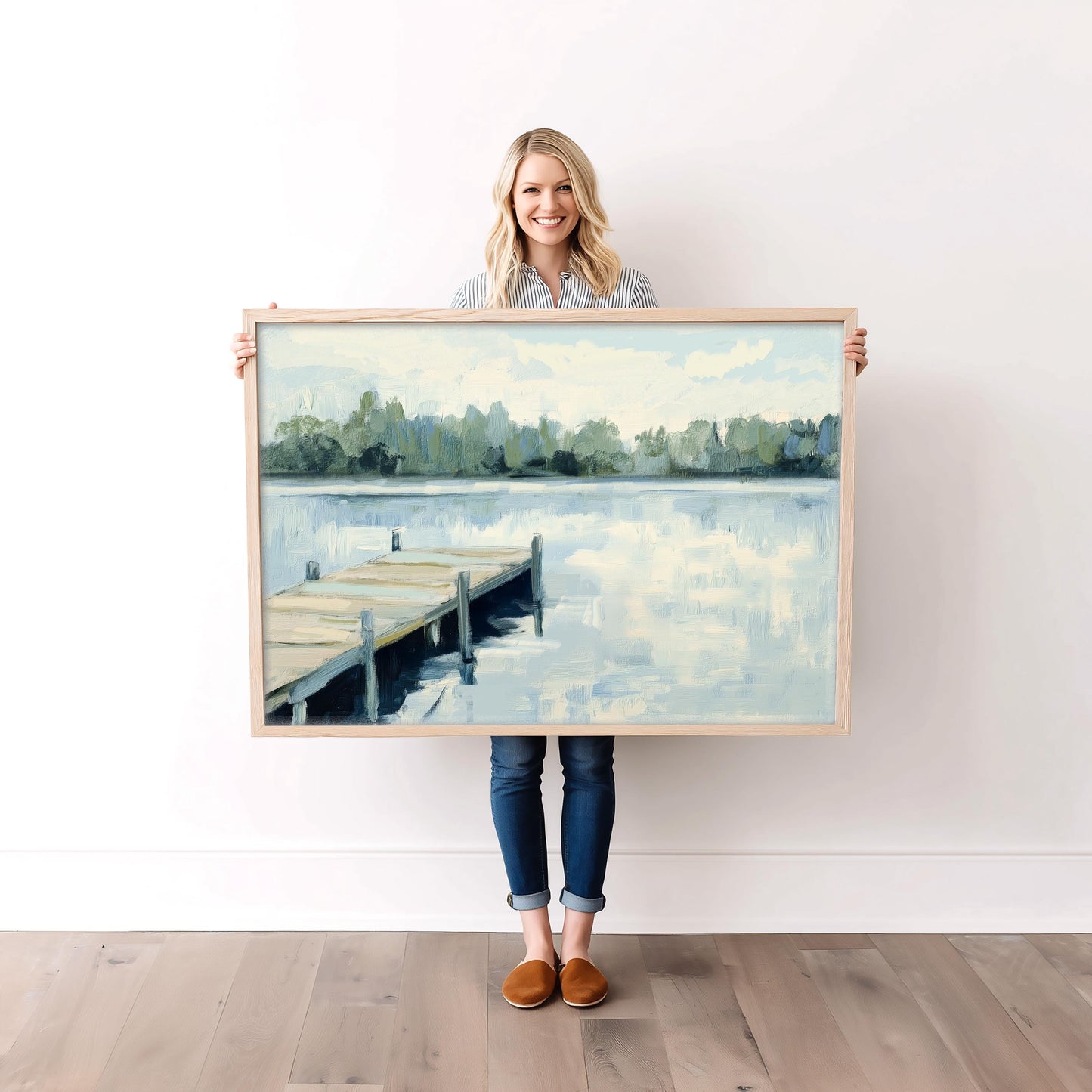 Dock on the Lake Wall Art Print, Impressionistic Landscape Painting, Serene Lake House Decor, Dockside