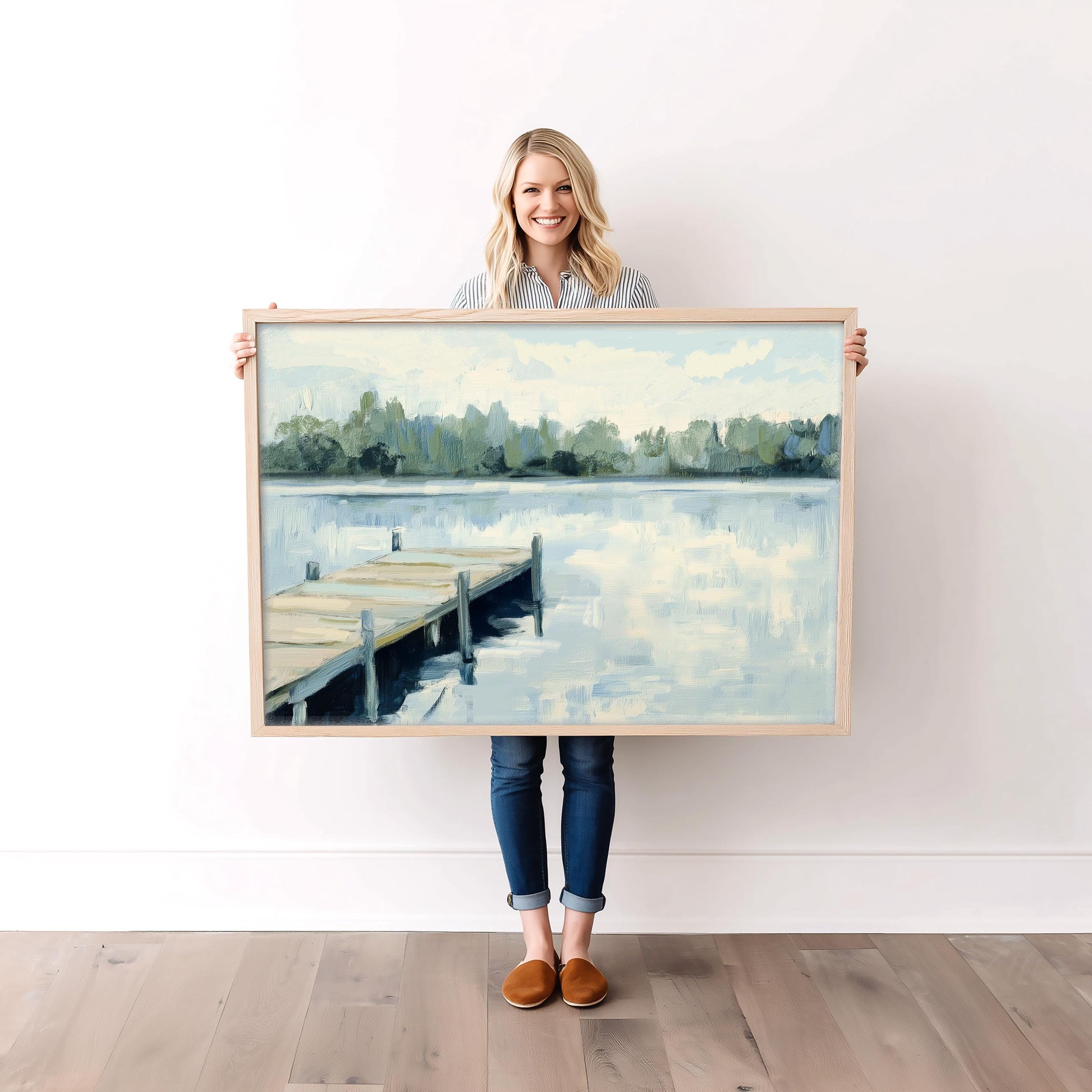 Dock on the Lake Wall Art Print, Impressionistic Landscape Painting, Serene Lake House Decor, Dockside