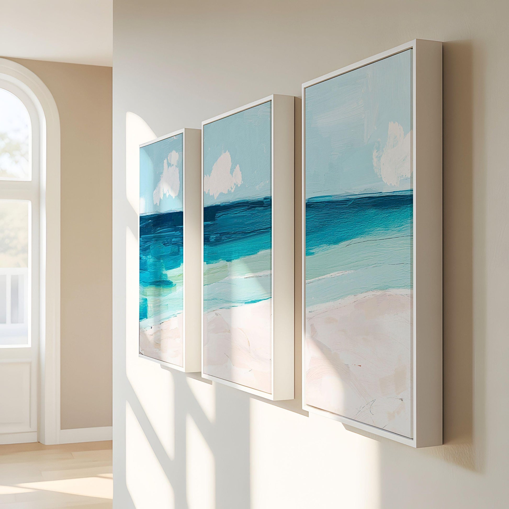 Coastal Triptych Wall Art, Abstract Ocean Seascapes Set of 3, Teal Blue Beach prints, Modern Beach House Decor, Between Tides