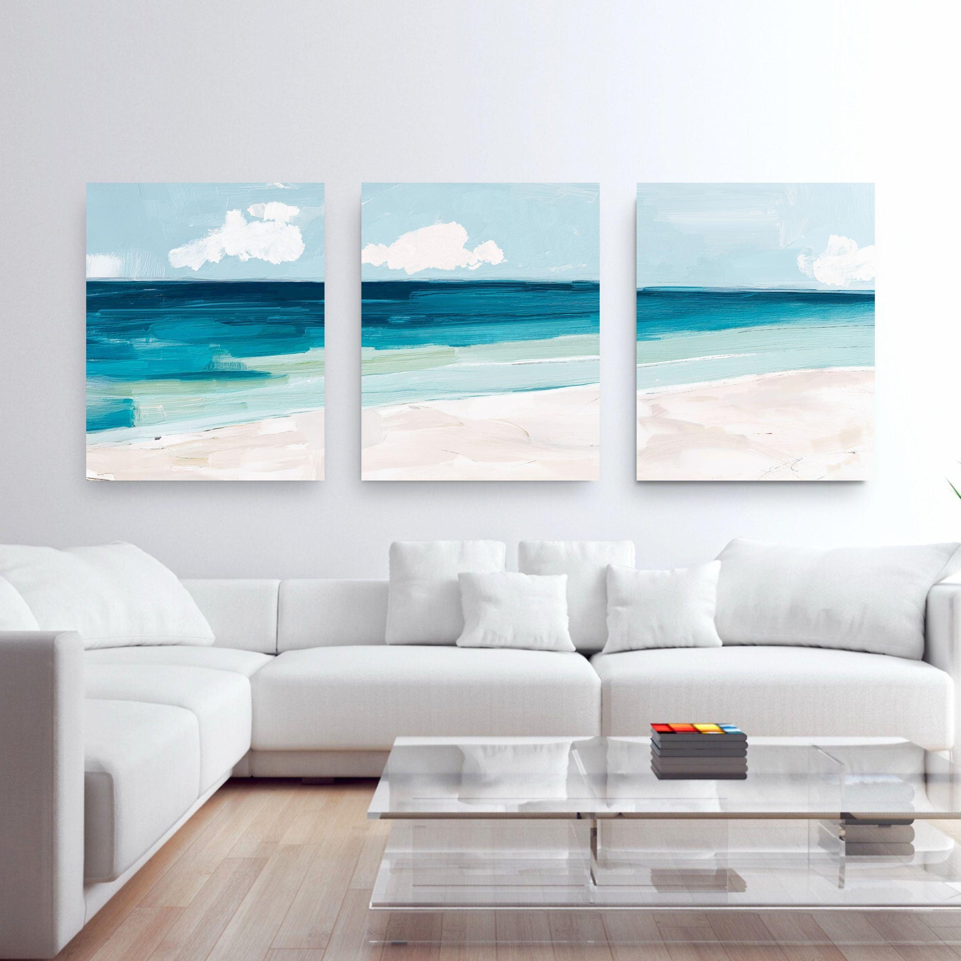 Coastal Triptych Wall Art, Abstract Ocean Seascapes Set of 3, Teal Blue Beach prints, Modern Beach House Decor, Between Tides